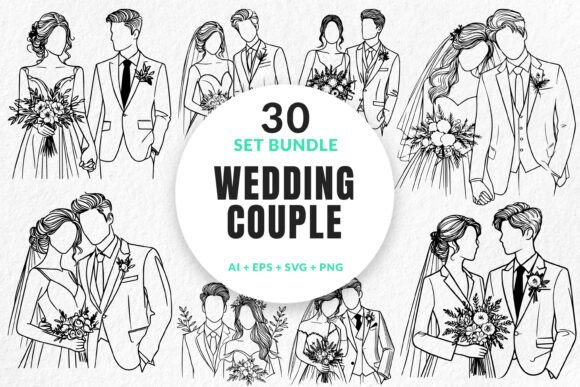 30 Bundle Line Art Wedding Couple Photo: Versatile Vector Set