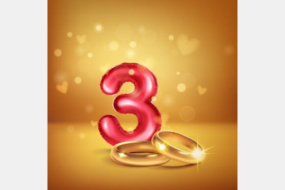 Celebrate Milestones: The Red Number 3 and Gold Wedding Rings Design
