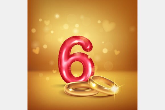 Celebrate Six Years: The Red Number 6 and Gold Rings Vector