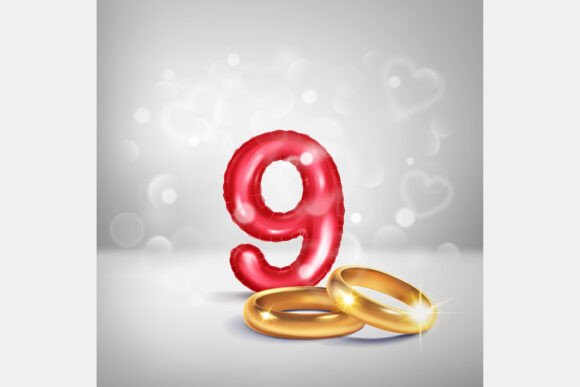 Celebrating the Ninth: Red Number 9 and Gold Wedding Rings