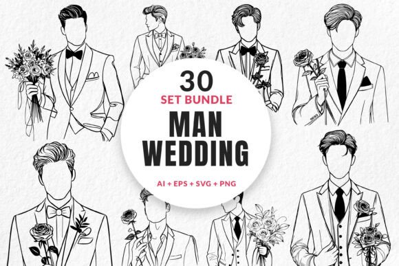 Elevate Your Brand with the 30 Bundle Line Art Elegant Man Wedding Set