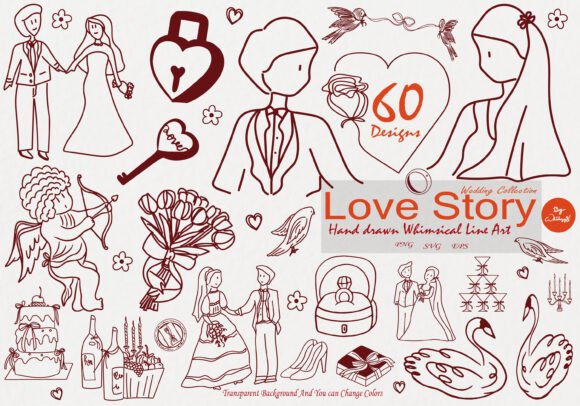 Whimsical Hand Drawn Wedding Graphics for Romantic Projects